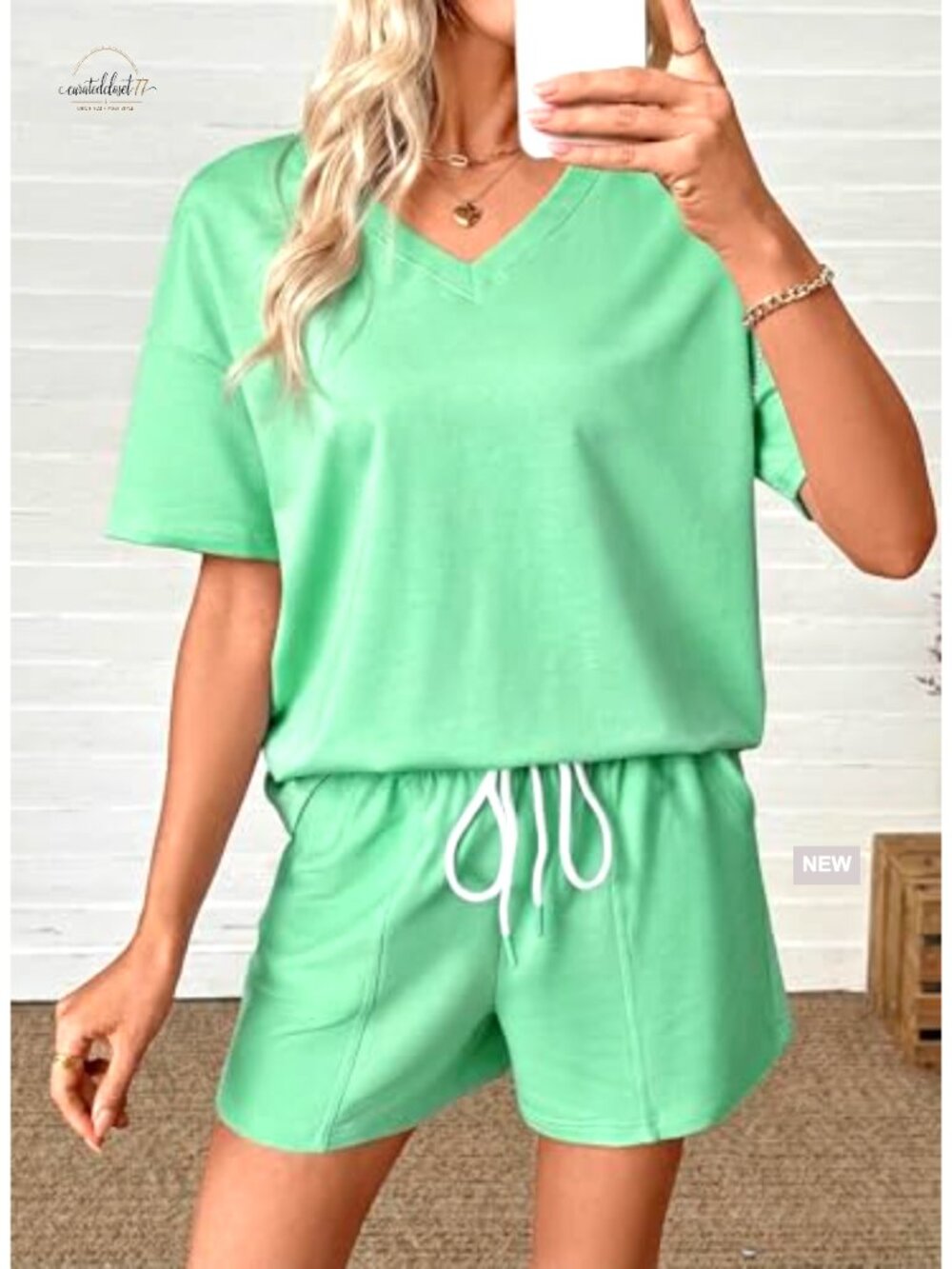 Women's V-Neck Short Sleeve Tee and Drawstring Shorts Set with Pockets - Picture 4 of 7